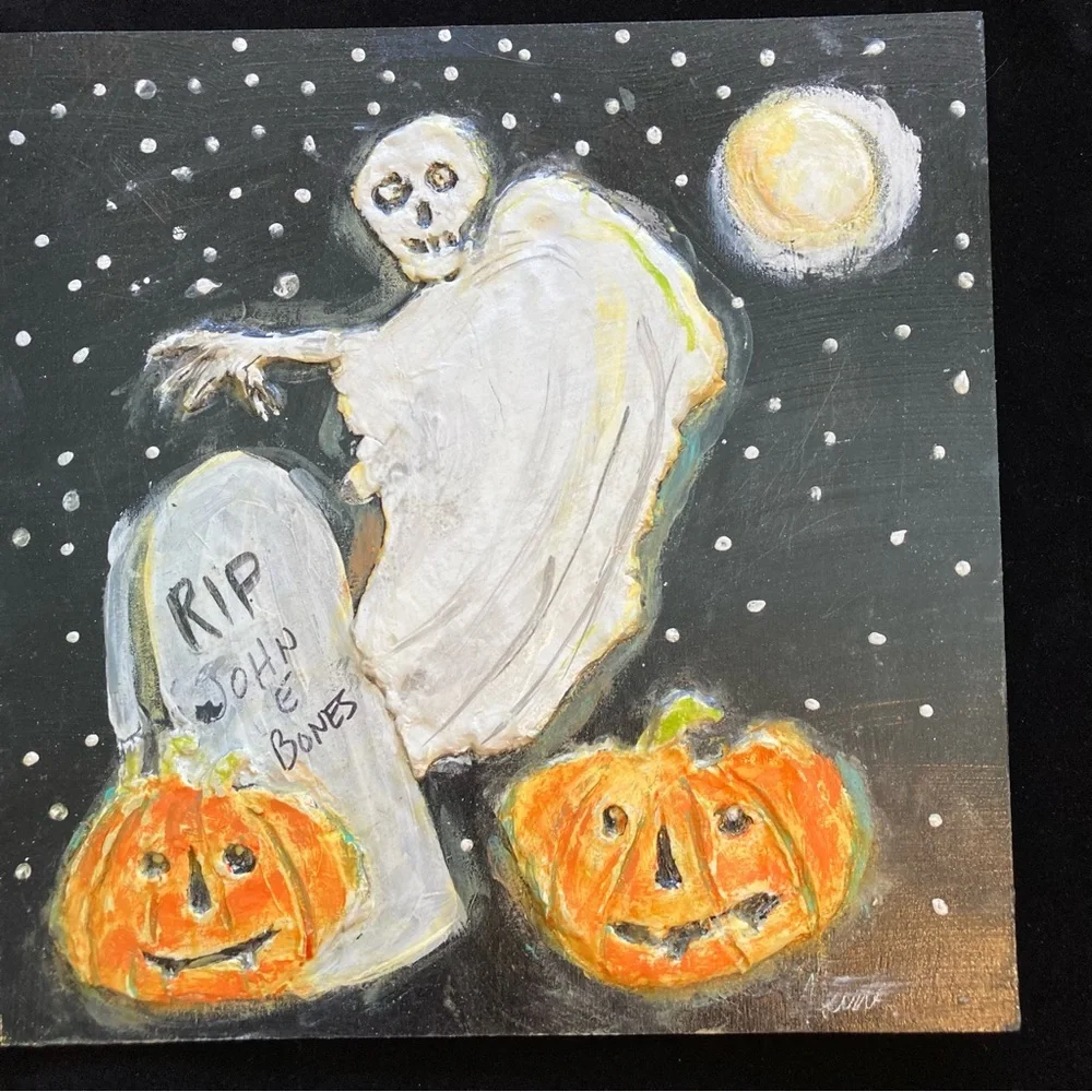 Graveyard Pumpkins ” acrylic &  Paper Clay Handmade Original 12”x12”onWood Panel